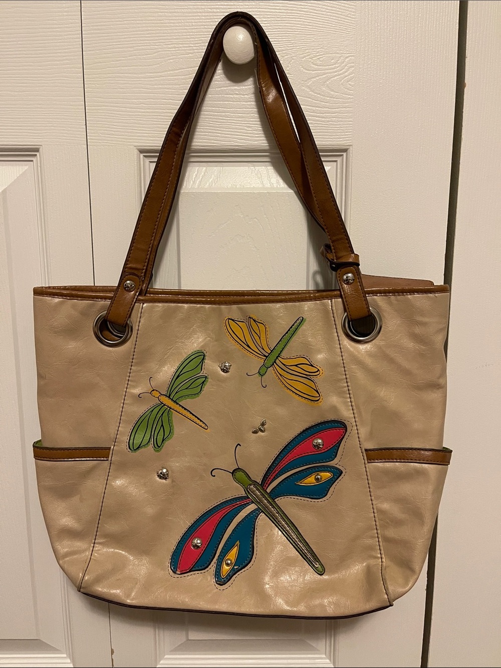 Relic Beige Tote with Brown Handles and Multicolor Butterfly Appliqués